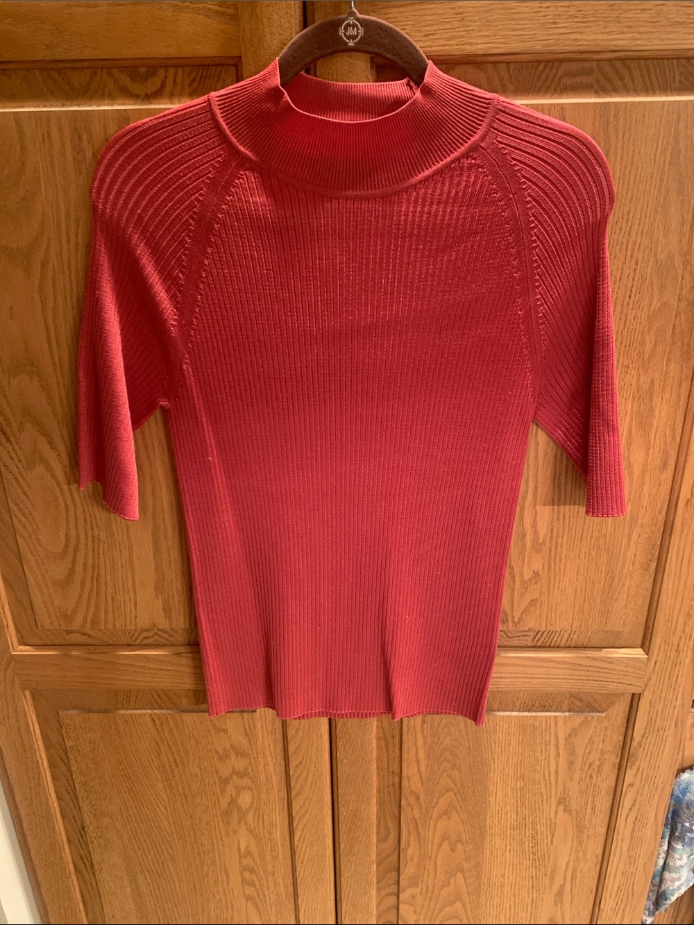 Tahari Ribbed Mock Neck Short Sleeve Sweater - Deep Coral